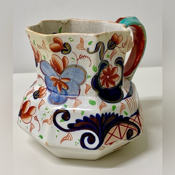 19th Century Antique Gaudy Welsh Eryri Pattern Human Faced Snake Handle Pitcher - Picture 5 of 16